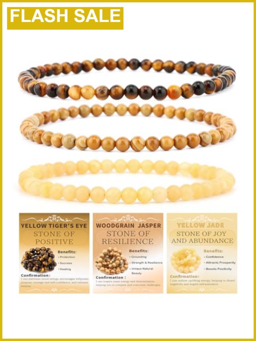 3-Piece 4mm Natural Crystal Gemstone Stretch Bracelets Handmade Reiki Energy